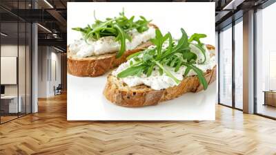 Arugula and cream cheese on white bread background Wall mural