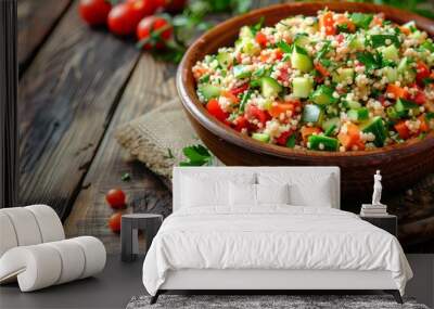 Asian tabbouleh salad with couscous in a brown bowl on a dark wood background Wall mural