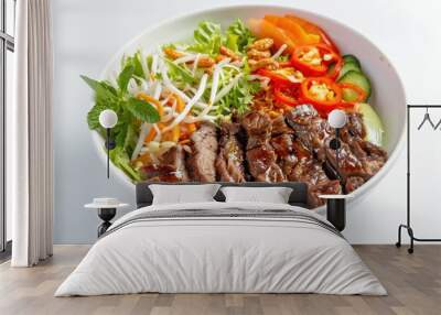 Beef Bo bun with side salad pork ribs and herbs on white background Wall mural