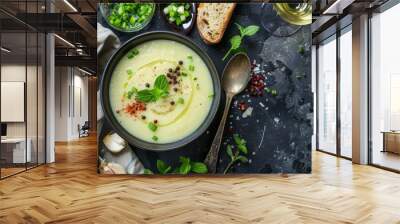 Bird s eye view of vichyssoise soup with potatoes leeks green onions pink peppercorns and mint leaves on rustic background with bread white wine and space for tex Wall mural