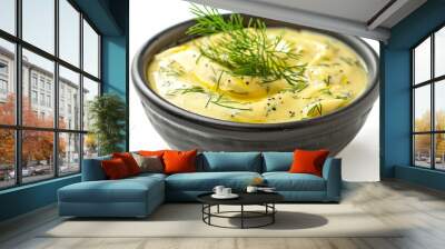 Black ceramic bowl with honey and mustard sauce and dill isolated on white Wall mural