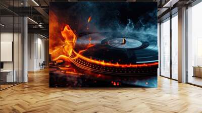 Burning vinyl disk on turntable with fire and smoke trail in music DJ concept Selective focus Wall mural