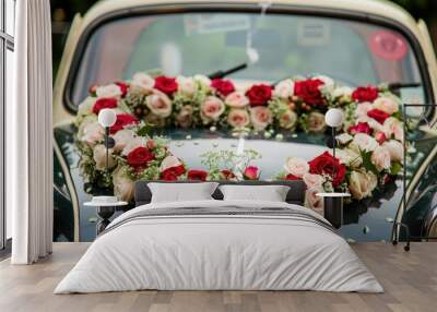 Car decorated for wedding with flower hearts Wall mural