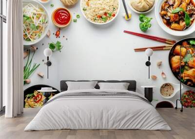 Chinese cuisine dishes on white background top view with space for text Wall mural