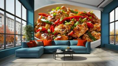 Chinese salt and pepper chicken stir fried with red and green chili onion and spring onion served in a white bowl Wall mural