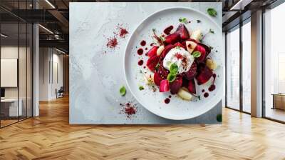 Classic Scandinavian salad with beets apples mayo sour cream and vinegar Pickled beets and apples on white plate on gray table top view Wall mural