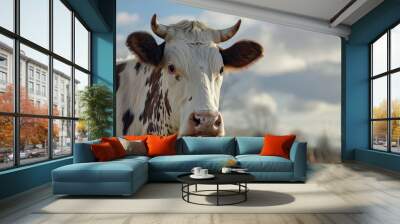 Close up of a cow s head in the beautiful countryside with a scenic sky Wall mural