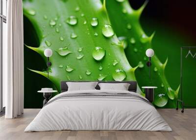 Close up of Aloe Vera leaf organic cosmetics skincare concept on green background Wall mural