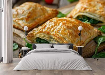 Close up of tasty spinach puff pastry on table Wall mural