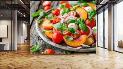 Close up vertical photo of summer salad with fresh peaches mozzarella cherry tomatoes onion and basil on wooden table Wall mural