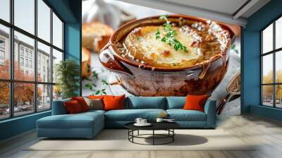 Closeup of delicious homemade French onion soup on white table Wall mural