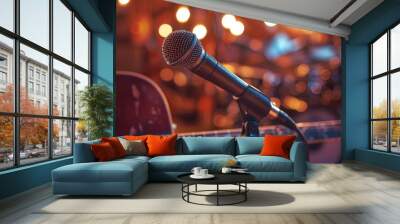 Country or bluegrass concert concept with acoustic guitar microphone and lights in front view Horizontal composition Wall mural