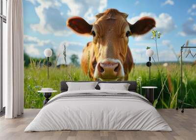 Cow grazing in open field while muzzle approaches camera under a sunny summer sky Wall mural