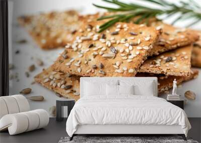 Crunchy crackers with seeds on white background Macro shot of food Wall mural