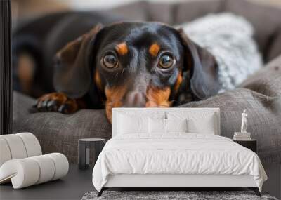 Dachshund pet relaxes in dog friendly hotel room looking at camera Wall mural