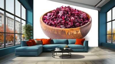 Dehydrated beet in wooden bowl on white background Finely sliced Wall mural