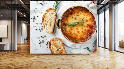 Delicious homemade French onion soup on white marble table top view Wall mural