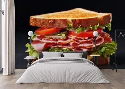 Delicious sandwich with ham salad cheese and tomatoes on gray background close up vertical copy space Wall mural