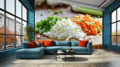 Diced vegetables on cutting board Wall mural