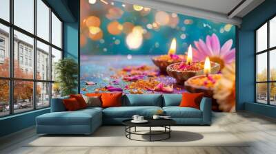 Diwali greeting card featuring sweets fire crackers Diya or flowers focused on specific items Wall mural