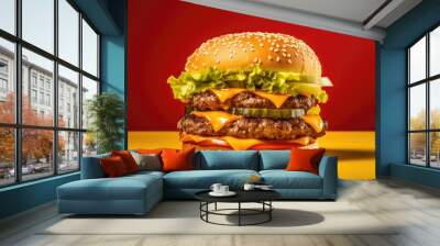 Double Beef Burger with Bread Patty Pickle Onion Mayonnaise Ketchup Cheese and lettuce on a yellow background Wall mural