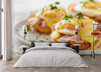 Eggs benedict with Parma ham on muffins White background with space for text Wall mural