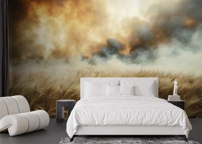 Fire and smoke on a summer wheat field Wall mural