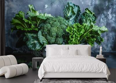 Fresh dark green vegetables in a metal strainer Wall mural