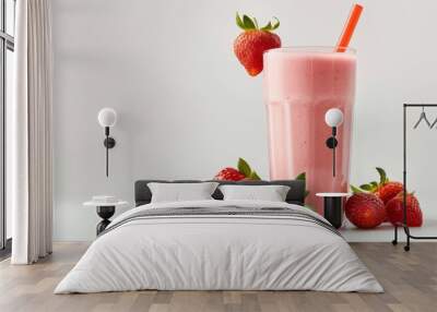 Fresh strawberries and smoothies made from them on a white background Wall mural