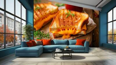 Freshly made cheddar grilled cheese with ketchup Wall mural