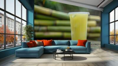 Freshly squeezed sugar cane juice served in a plastic cup with fresh sugar cane Wall mural