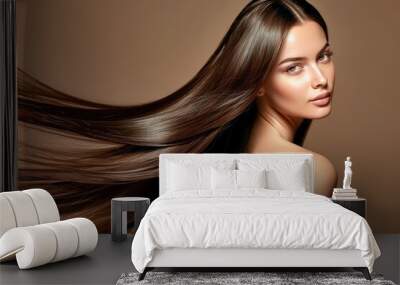 Gorgeous model with sleek long shiny brown hair Keratin treatment care and spa for a sleek style Wall mural