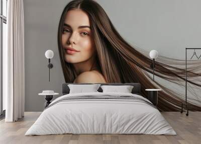 Gorgeous model with sleek long shiny brown hair Keratin treatment care and spa for a sleek style Wall mural