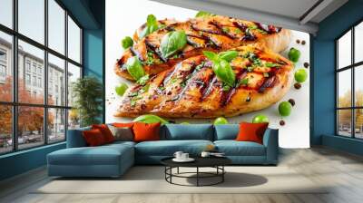 Grilled chicken with pepper mix peas and basil on white background Wall mural