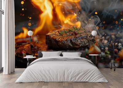 Grilled steak and flame Wall mural