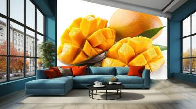 Half of a sliced mango with leafy air on a white background Wall mural