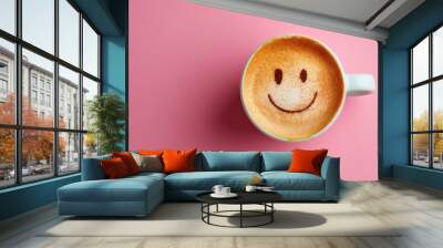 Happy morning and inspiration with a cup of delicious coffee and a smile on a colorful background Wall mural