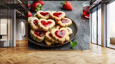 Heart shaped cookies with strawberry jam for Valentine s Day Wall mural