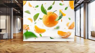 high resolution image of mandarine both cut and whole isolated on white background with falling leav Wall mural