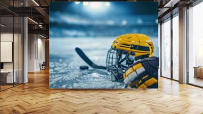 Hockey equipment on ice with shallow depth of field and copy space Wall mural