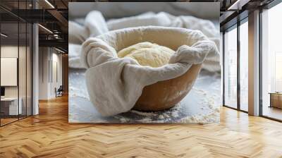 Home baking concept dough covered with towel on floured table Wall mural