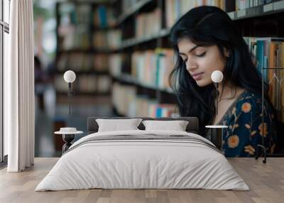 Indian college girl reading in library Wall mural