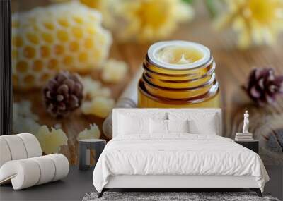 Ingredients for making a natural lip balm beeswax propolis essential oils Wall mural