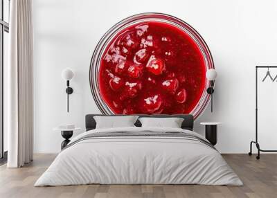 Isolated top view of a small glass bowl with red berry jam on white background also sweet cherry jam Wall mural