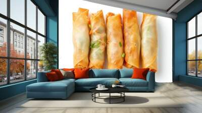 Isolated top view of spring rolls on white background Wall mural