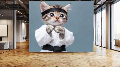 Karate fighter cat dressed in white prepares for battle alone Wall mural