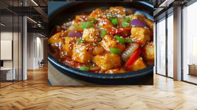 Korean hot sweet and sour tofu with peppers onions hot sauce and sesame seeds Wall mural