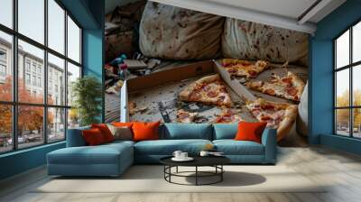 Leftover pizza on sofa after party chaos Wall mural