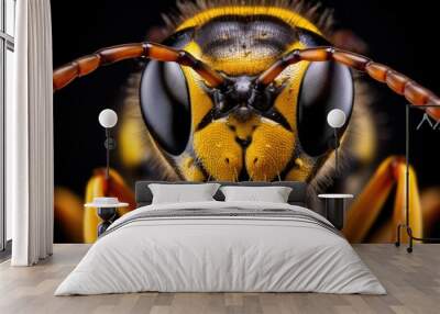 Macro portrait of a wasp on black background with full face details and depth of field Wall mural