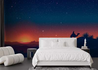 Man and camel silhouette in desert night setting Wall mural